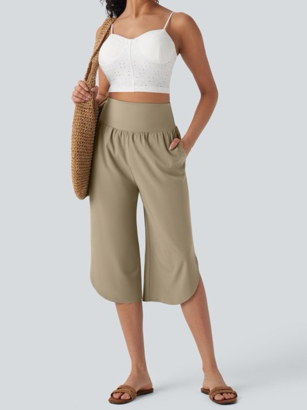 Halara Breezeful Khaki Beige Wide Leg Pants Size XL Split Hem Lightweight Capris